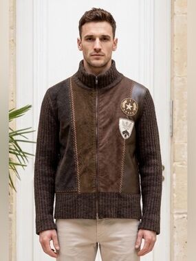Brown Patchwork Zip-Front Women’s Sweater Jacket Lambswool